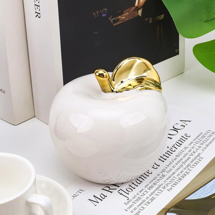 Folmywy Keramik Apfel Dekoration 12,7 cm Porzellan Kunstapfel Moderne Statue mit Goldstiel Weihnacht