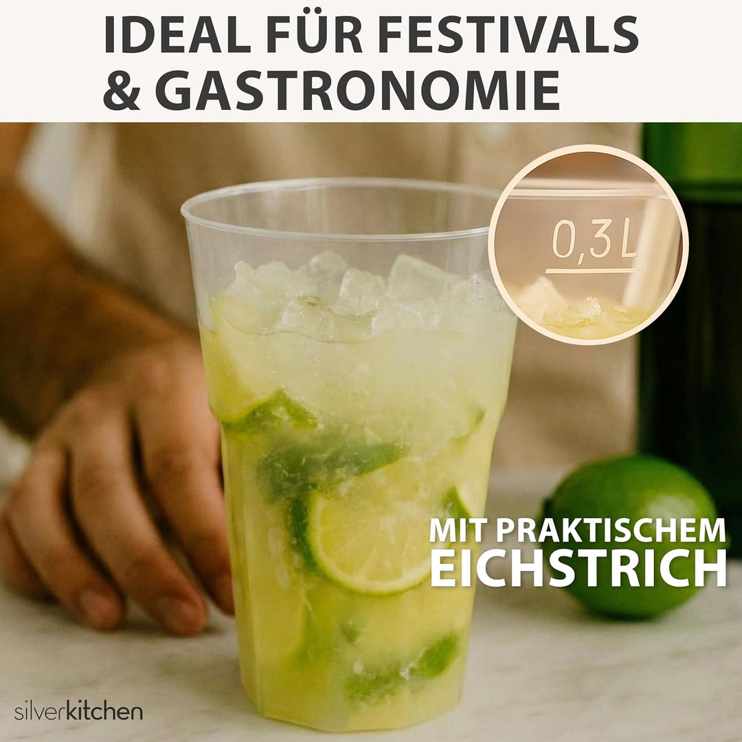 100x Cocktail Plastikbecher 0,3 L – Stapelbare Mehrweg Partybecher - Spülmaschinenfeste Hartplastik