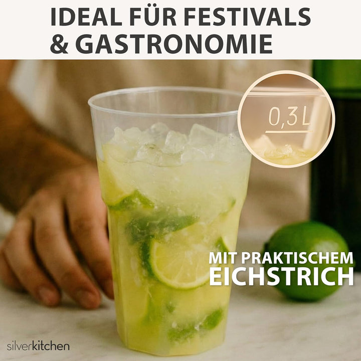 100x Cocktail Plastikbecher 0,3 L – Stapelbare Mehrweg Partybecher - Spülmaschinenfeste Hartplastik