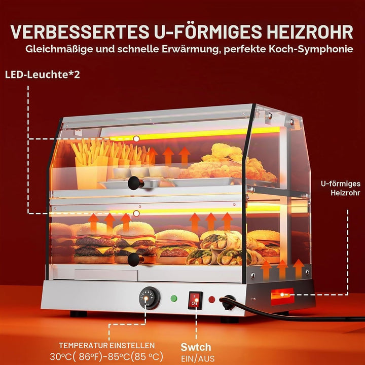 TAIMIKO Kommerzieller Speisenwärmer, Schrankwärmer, Vitrine aus Edelstahl, 2 Ebenen, Pizza-Wärmer fü