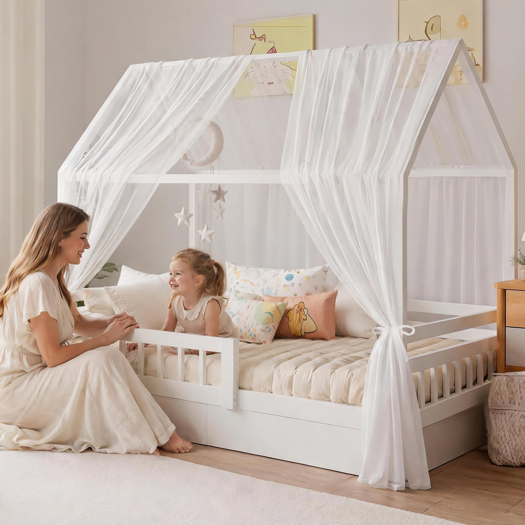 Hausbett Himmel Set, 2 Stück Betthimmel Hausbett, Leichter Atmbar Mailänder Gaze Himmelbett Vorhänge