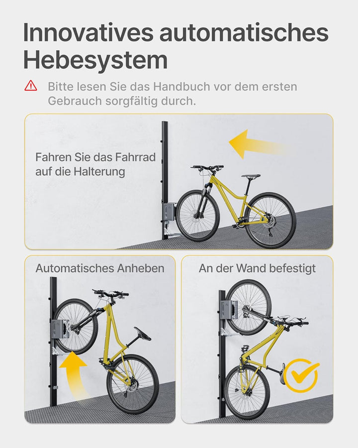 monTEK Automatischer Fahrradlift – Vertikaler Fahrradträger für schwere Fahrräder (bis 32 kg) – plat