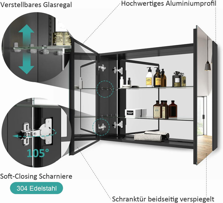 EMKE Spiegelschrank Bad, Badezimmer Spiegelschrank mit Spiegel, 85x65cm Badschrank Wandschrank mit h