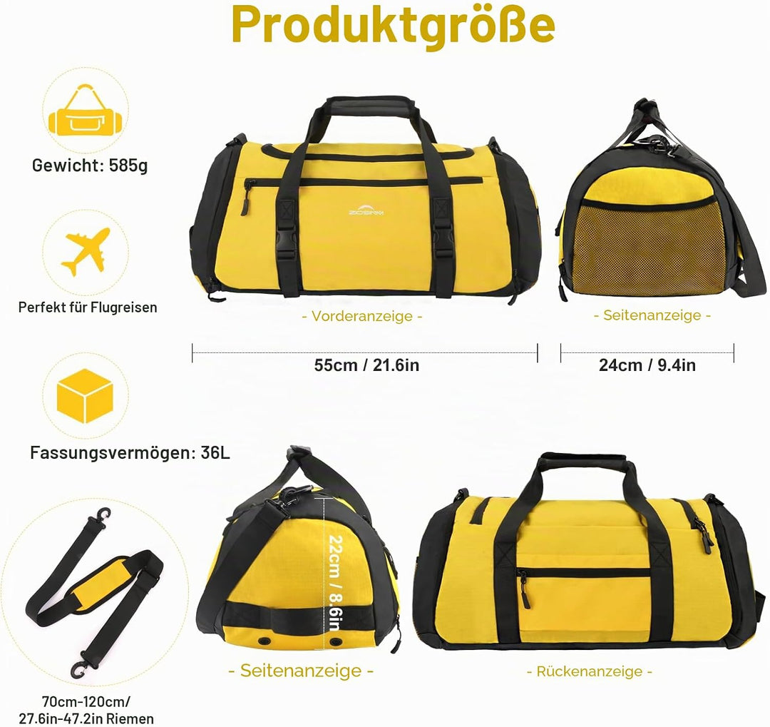 Sporttasche Herren + Rucksack-Funktion, Reisetasche Damen | Sporttasche Damen mit Schuhfach, Nassfac