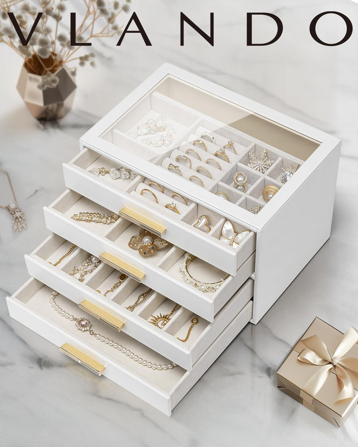 VLANDO Schmuckkästchen Gross, Schmuckkasten mit 4 Ebenen, Schmuck Organizer mit Glasdeckel, 4 Schubl