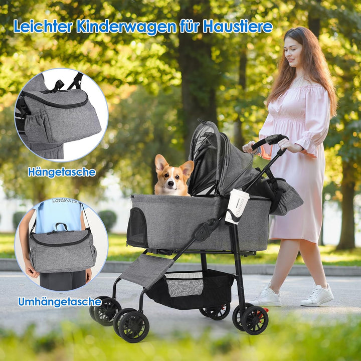 MAMIZO Hundewagen 3 in1,Hundebuggy Bis 30kg,4 Paar 360°Doppelräder,Hunde Wagen mit einer Umhängetasc