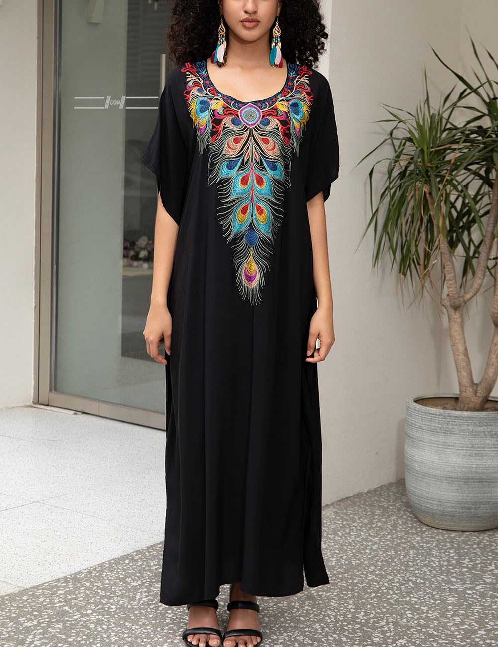 Bsubseach Damen Stickerei Kurzarm Bikini Strandkleid Side Split Beach Kaftan Kleid Ff-schwarz, Ff-sc