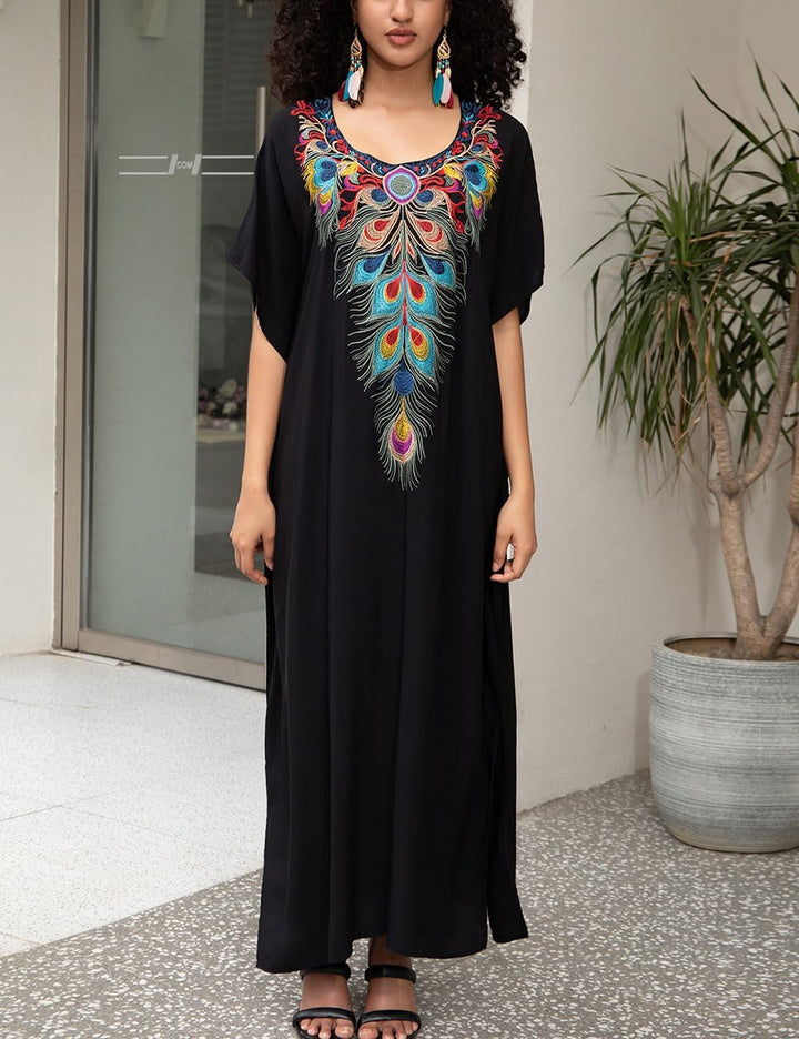 Bsubseach Damen Stickerei Kurzarm Bikini Strandkleid Side Split Beach Kaftan Kleid Ff-schwarz, Ff-sc