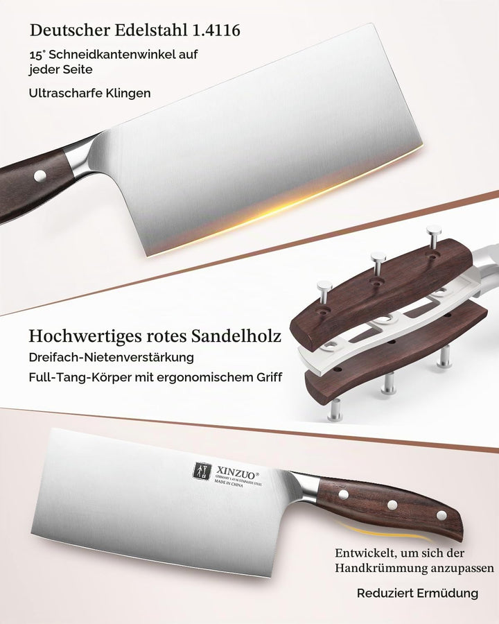 XINZUO Deutschem 1.4116 Edelstahl 17.5cm Hackmesser,Profi Hackbeil Scharfe Klinge Chinesisches Kochm