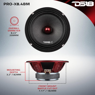 DS18 Car Midrange Speaker 8" Inch 600w Watt 8Ohm Bass Loudspeaker PRO-X8.4BM Bullet 4 Ohm 20,3 cm, B