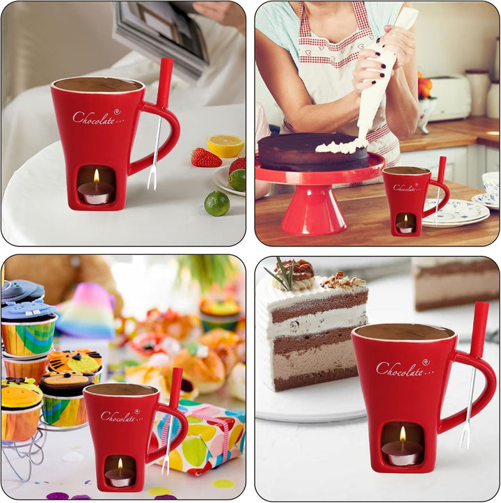 Schokofondue Tasse Keramik 130ML Schoko Fondue Cup mit Teelichthalter und Gabeln Schokoladenfondue S