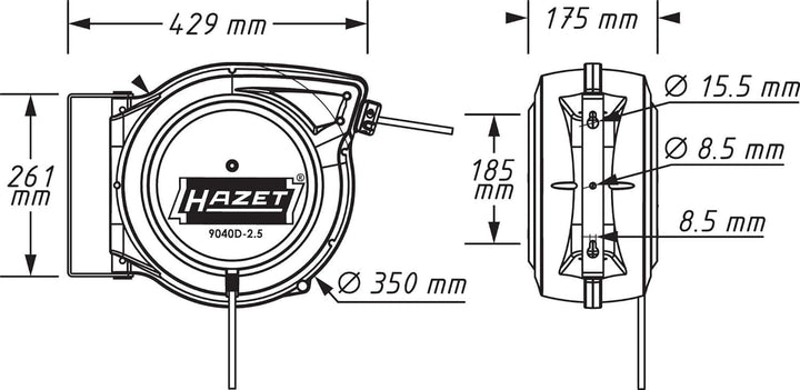 HAZET Kabeltrommel 9040D-2,5, Leitungslänge: 20 m, Anschlussleitung: 1,5 m, mit "Stop at any point"