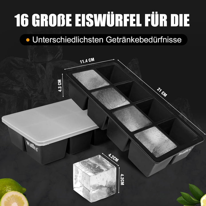 Walfos grosse Eiswürfelform silikon, 2 Pack 8-fach Silikon Eiswürfelbehälter mit Deckel,BPA-frei und