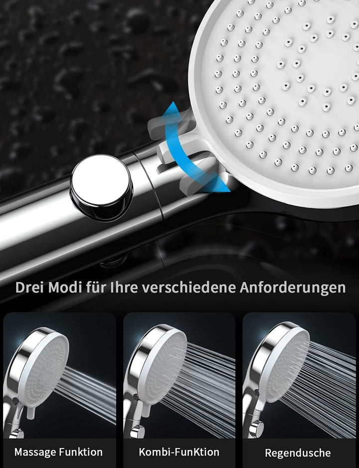 HONBOO Duschkopf mit Stoppfunktion, Wassersparender Duschkopf Hochdruck Handbrause mit 3 Strahlarten