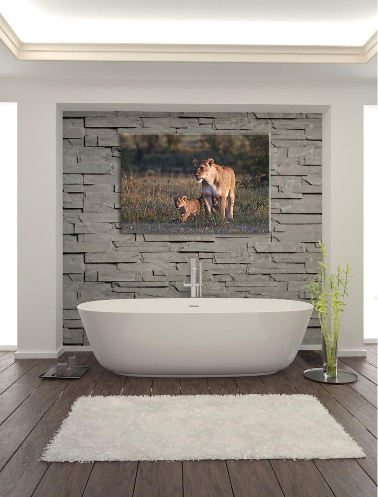 Löwenmutter mit Jungtieren Leinwand, XXL riesige Bilder fertig gerahmt mit Keilrahmen, Kunstdruck au