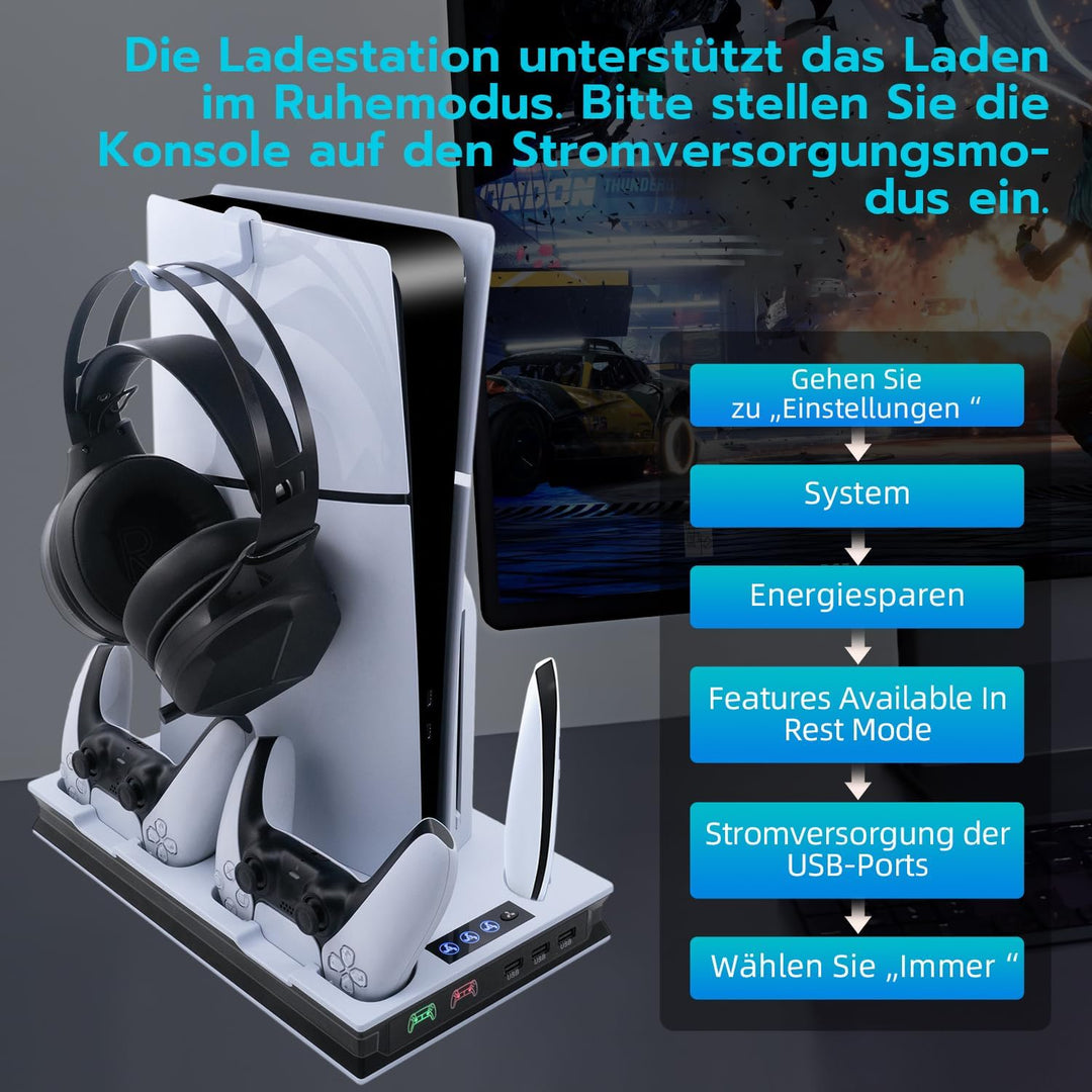 Wigearss Vertikaler PS5 Lüfter Ständer Kühlstation mit Dual-Controller-Ladung für PS5/PS5 Slim UHD/D