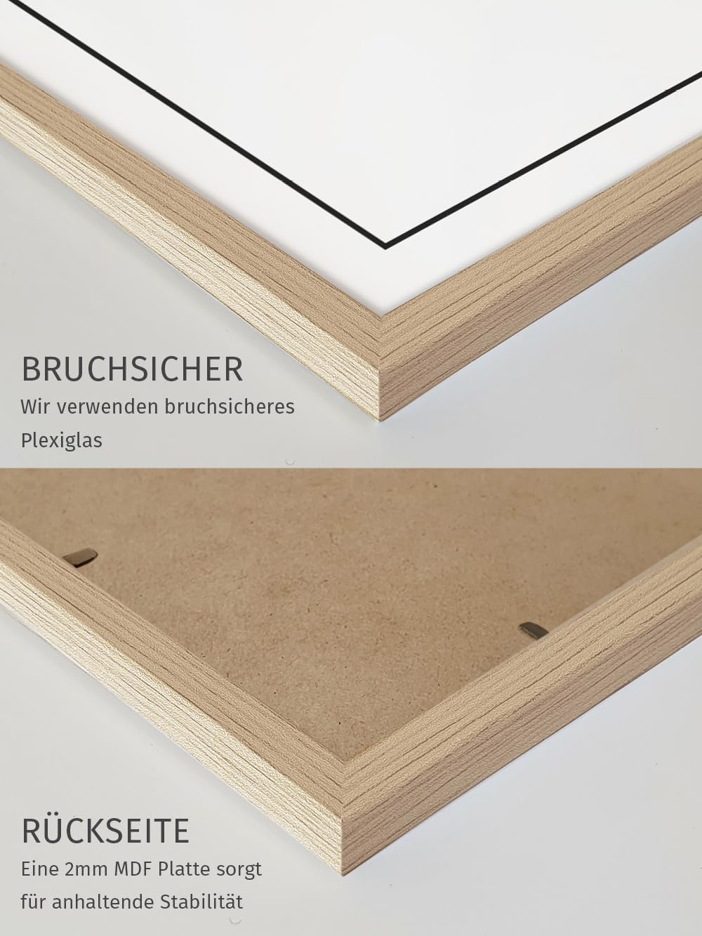 JUNOMI® Bilderrahmen DIN A2 Holz | Farbe Eiche | Bilderrahmen 42 x 59,4 cm Eiche mit bruchsicherem A