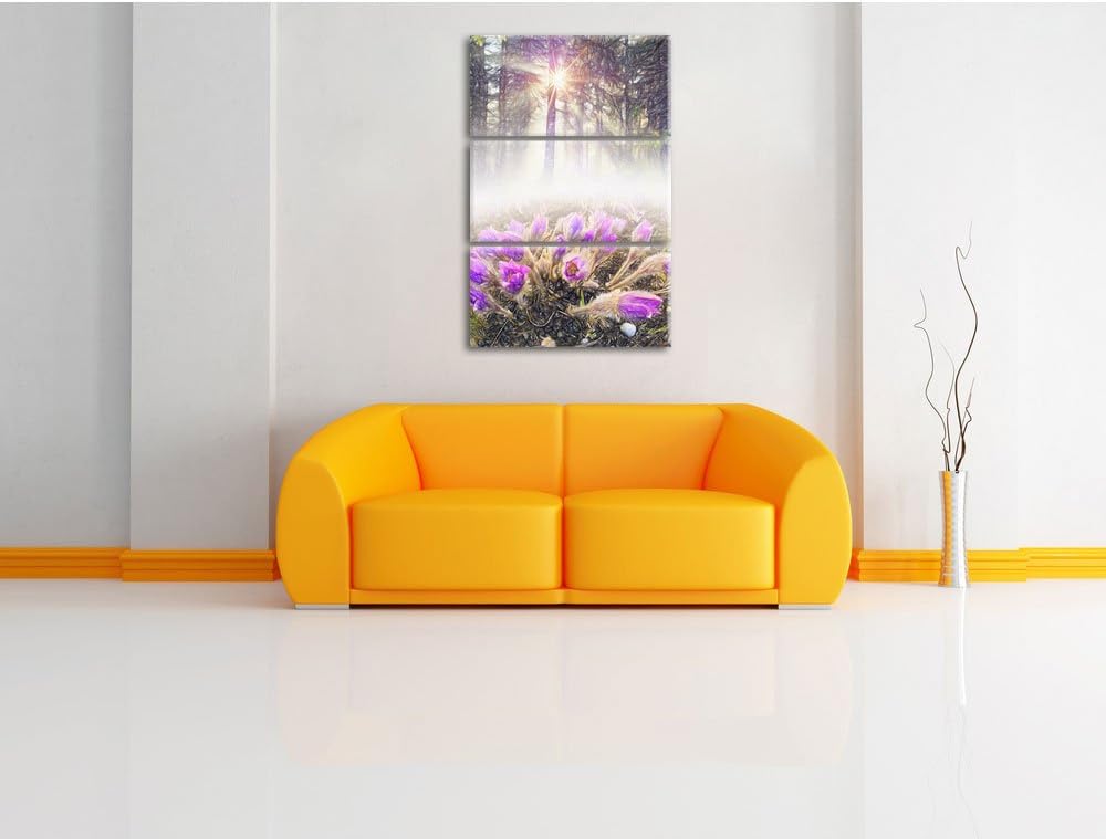 Pixxprint blühende lila Blumen im Wald Kunst Buntstift Effekt 3-Teiler Leinwandbild 120x80 Bild auf