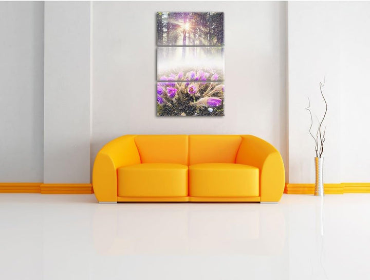 Pixxprint blühende lila Blumen im Wald Kunst Buntstift Effekt 3-Teiler Leinwandbild 120x80 Bild auf