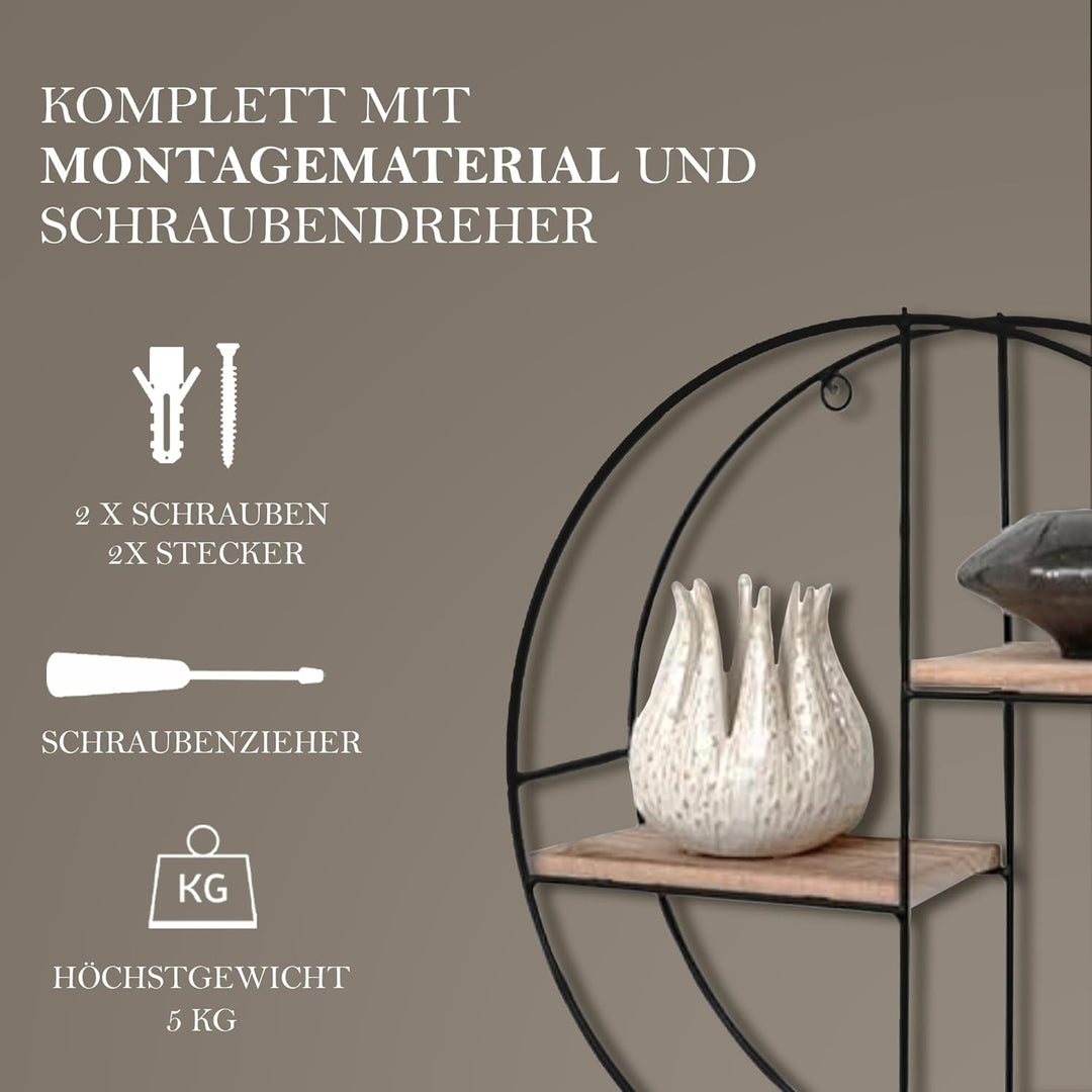 Vivol Schwarzes Metallwandregal mit Holzböden (Rund 2 Holzböden)