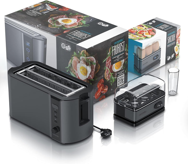 Arendo - SET Eierkocher SIXCOOK mit Toaster FRUKOST Edelstahl Cool Grey, Toaster 4 Scheiben, LED-Dis