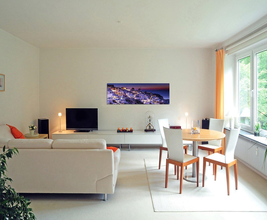 Paul Sinus Art Panoramabild auf Leinwand und Keilrahmen 150x50cm Griechenland Santorini Vollmond Mee