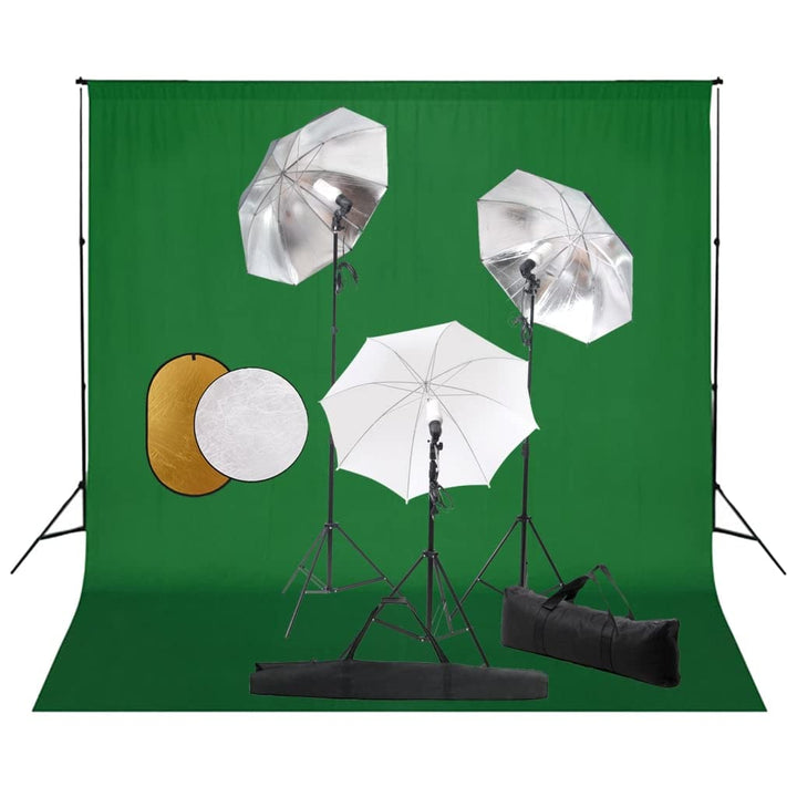 Fotostudio-Set mit 3 Studiolampen, 84 cm Schirmen, verstellbarem Hintergrundsystem, 5-in-1 Reflektor