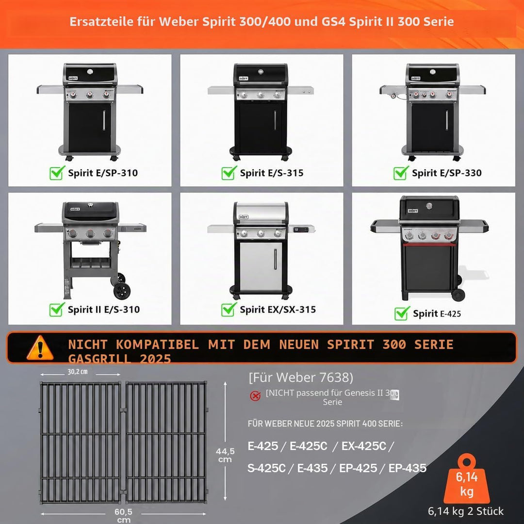 QuliMetal Grillrost Gusseisen passend für Weber Spirit 300/400 &amp; Spirit II 300 – 44,5x30,2 cm Ersatz