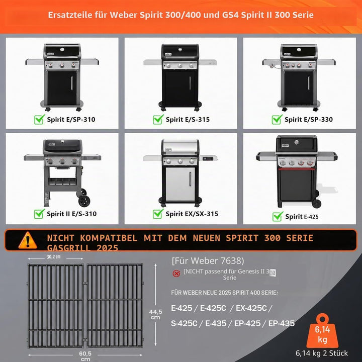 QuliMetal Grillrost Gusseisen passend für Weber Spirit 300/400 &amp; Spirit II 300 – 44,5x30,2 cm Ersatz