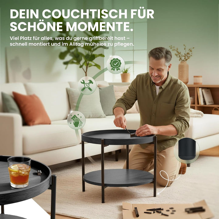CLP Couchtisch rund Holz Corbitan, Sofatisch 2 Ebenen mit Stauraum, Beistelltisch klein Metallgestel