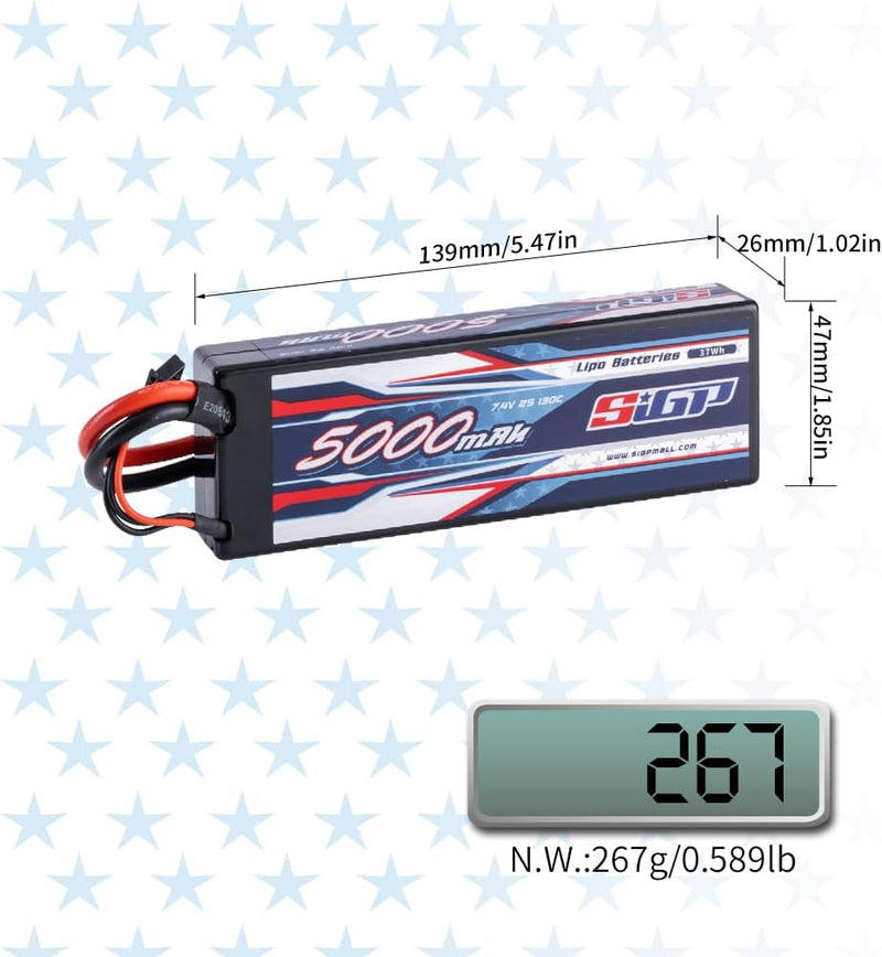 SIGP 2S 7.4V Lipo Battery 5000mAh 130C Hard Case with Deans T Plug for RC Car Truck Boat Vehicles Ta