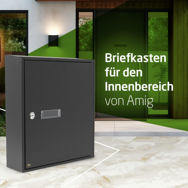 Amig 12372 - Innentür-Briefkasten Modell 6, aus Stahl, Farbe Schwarz, Masse 40 x 36 x 10 cm, DIN-A4-