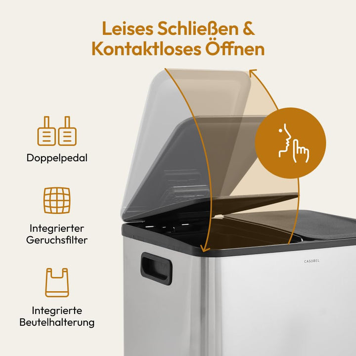 CASABEL Mülleimer Küche mit 2 Fächern, 2x15L, Tretmülleimer aus 100% Edelstahl, fingerabdruckresiste