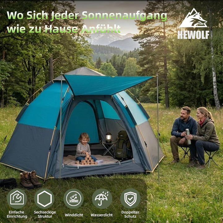 Hewolf Camping Zelt - Zelt 2/3/4 Personen Wasserdicht mit Vorzelt Familienzelt Einfache Einrichtung