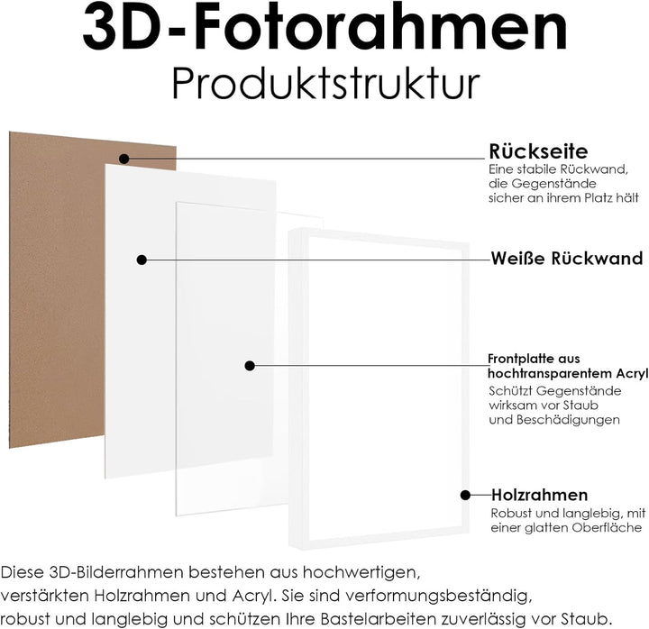 3D Bilderrahmen zum Befüllen, 41,5 x 31,5 x 4,5cm Weiss Shadow Box, 3D Objektrahmen Tiefer 3cm für H