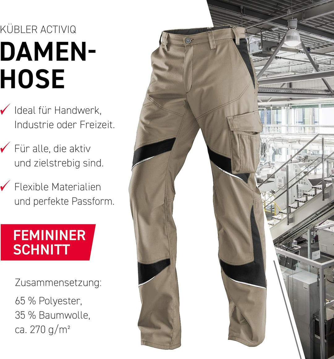 KÜBLER Workwear KÜBLER ACTIVIQ Damen-Arbeitshose beige, Grösse 42, Damen-Damen-Arbeitshose aus Misch