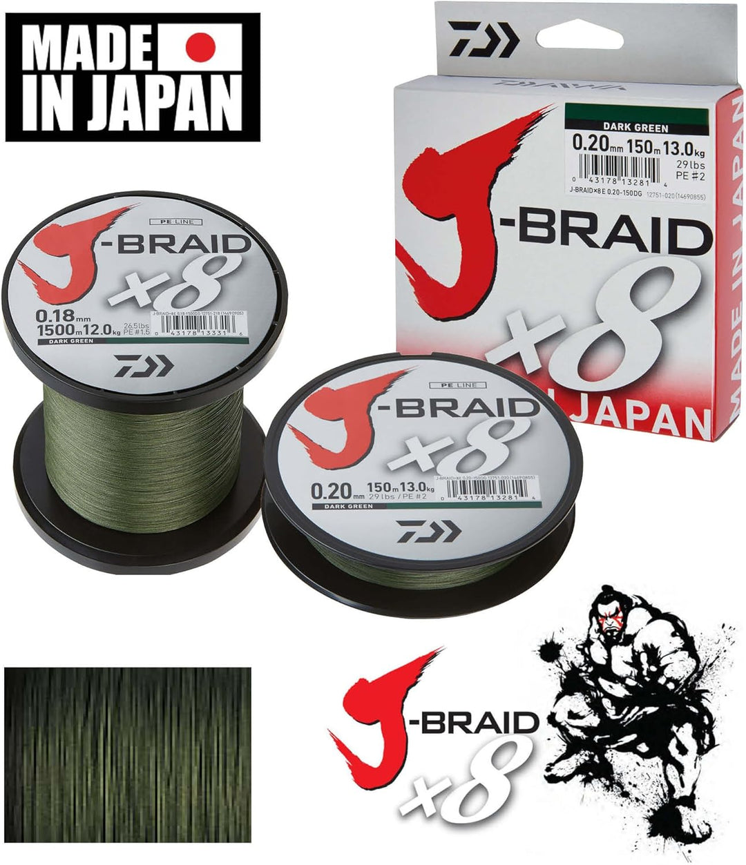 Daiwa J-Braid X8, 1500m dunkelgrün - geflochtene Angelschnur Dm: 0,20 mm, Dm: 0,20 mm