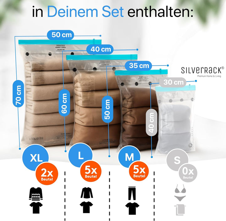 Vakuumbeutel für Kleidung Reise zum Rollen [12 Stück] in (5x 35x50 cm / 5x 40x60 cm / 2x 50x70 cm) -