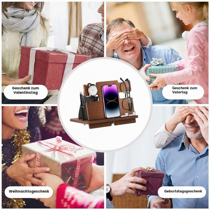 Geschenke für Männer Weihnachten Holz Telefon Dockingstation Uhren Schlüssel Geldbörsenständer Männe