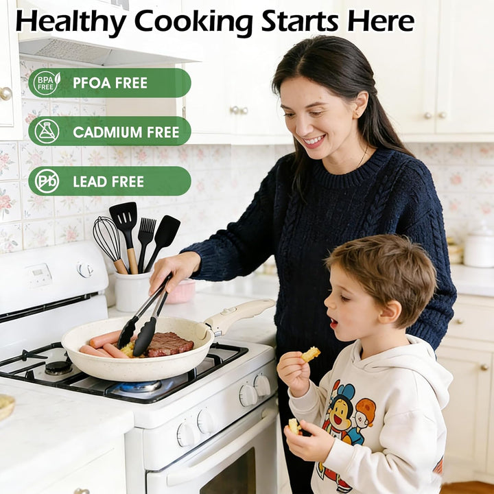 19-Piece Cream White Ceramic Cookware Set with Removable Handles – Non-Stick Frying Pan & Induction