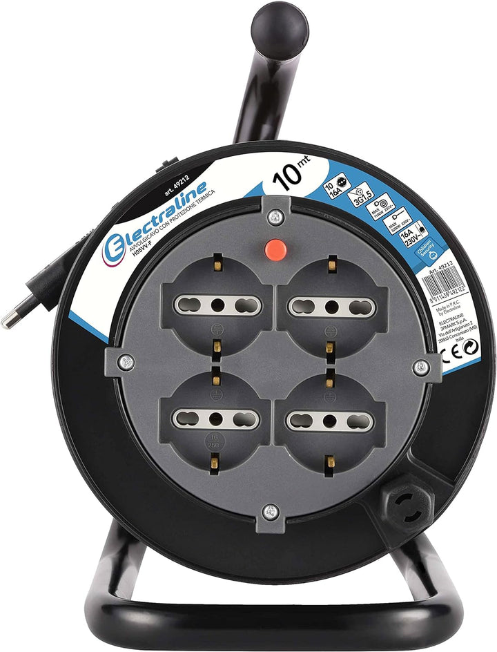 Electraline 49212 Kabeltrommel für Heimwerker, 4 Universalsteckdosen, 10 m, Schwarz/Blau 10 metri Si