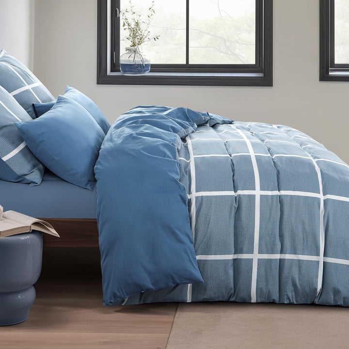RUIKASI Bettwäsche 220x240 Baumwolle 3 teilig Denimblau - Baumwollbettwäsche 220 x 240 mit Karo Blau