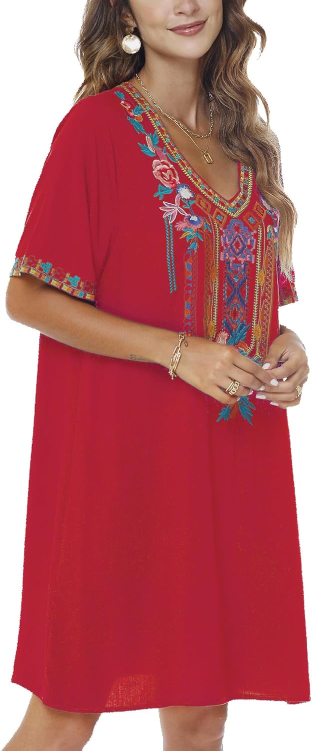 Vakakado Frauen Sommer Boho Mexican Peasant Dress Kurzarm Floral Bestickte Flowy Kleider Lose Hippie