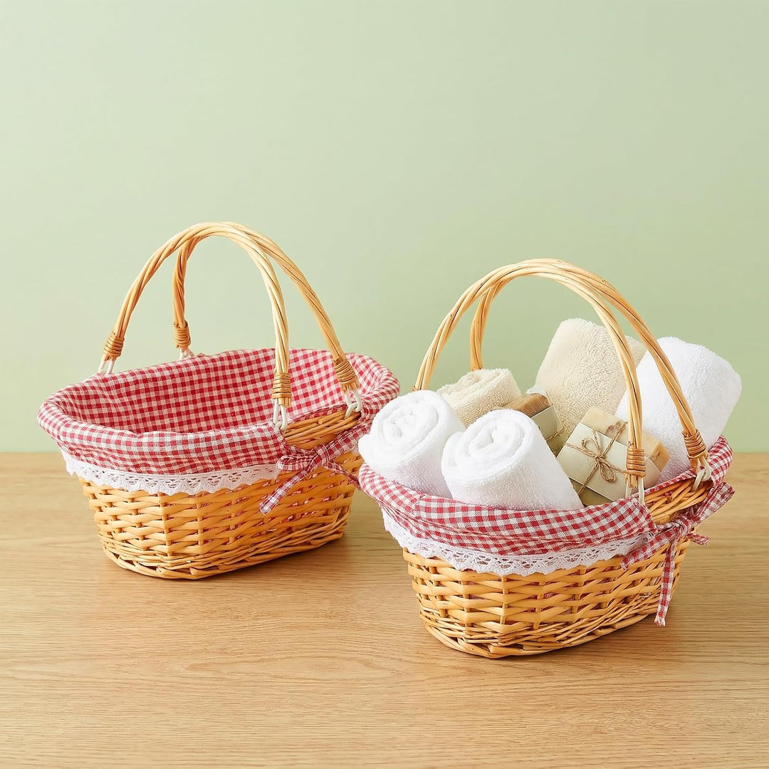 2 Stück Picknickkorb aus Weide, 33x23x12cm, Handgeflochtener Weidenkorb mit Henkel und Gingham Futte