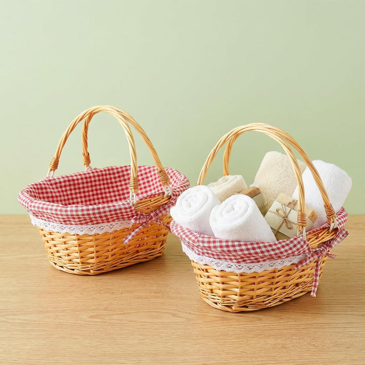2 Stück Picknickkorb aus Weide, 33x23x12cm, Handgeflochtener Weidenkorb mit Henkel und Gingham Futte