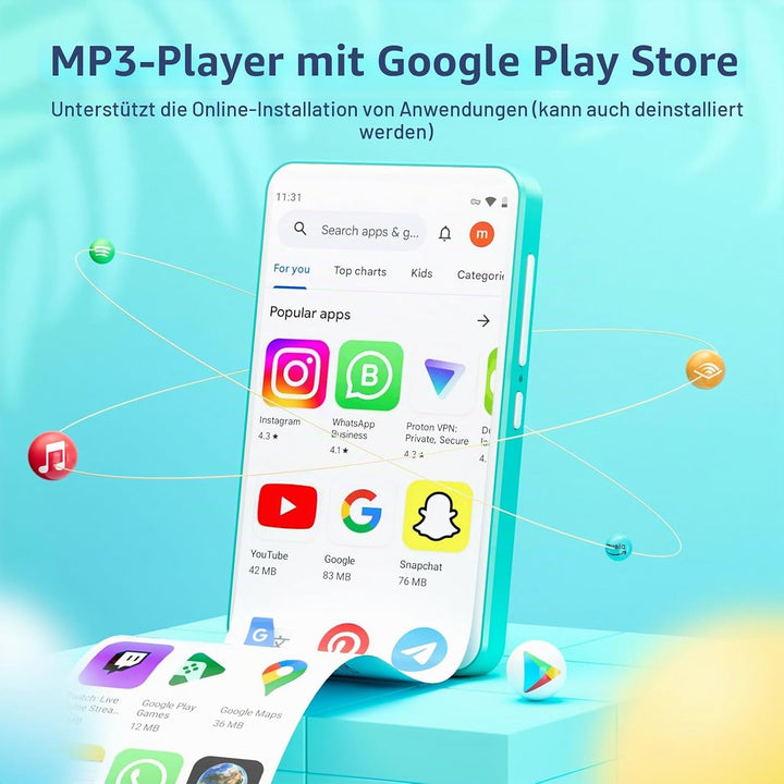 MP3 Player mit Bluetooth und WiFi, Oilsky 80GB 4 Zoll Android 9.0 Mp3, 1080P Touchscreen MP4 Player,