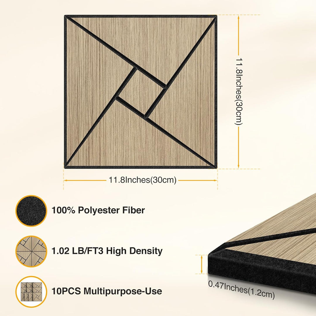 JAMELO Akustikpaneele Holz Furnier 10 Stücke | 30 * 30 * 1.2cm Akustikplatten Selbstklebend 3D Wandp