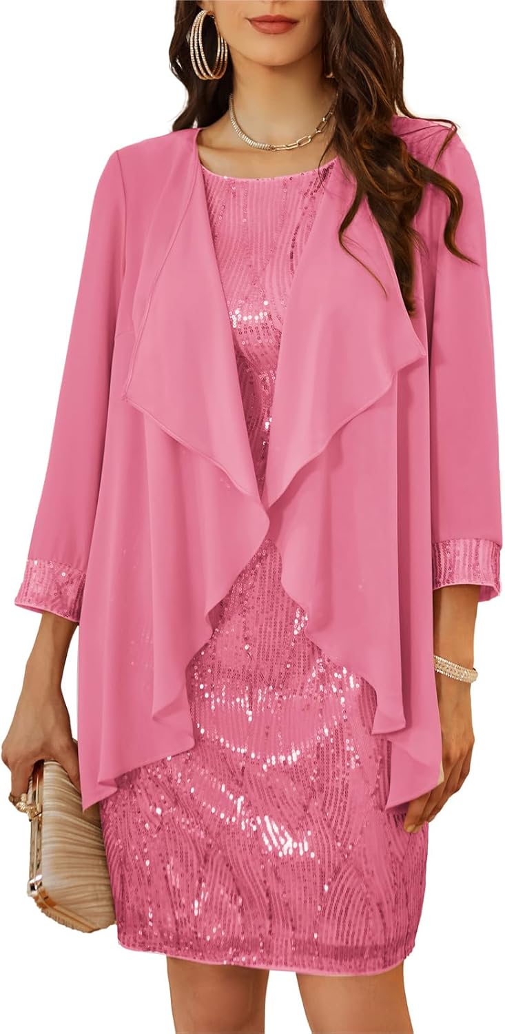 GRACE KARIN Damen Ärmelloses Rundhals Pailletten Cami Kleid Elegant Zweiteiler Tüll Cardigan Abendkl