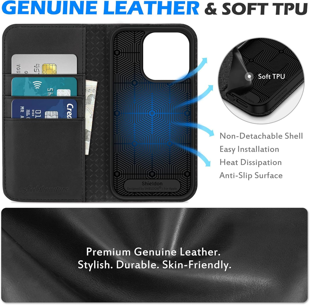 SHIELDON Hülle für iPhone 15 Pro 5G, Handyhülle [Echtleder] [Kartenfach] [Magnet] [Standfunktion] [R