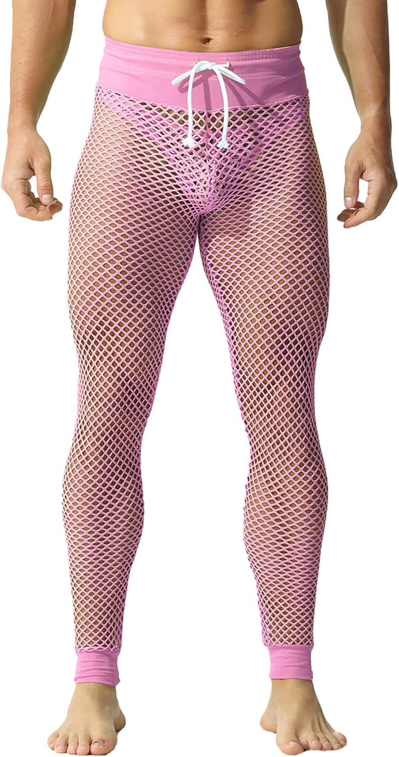 QiaTi Männer Fishnet Hosen Mesh transparente Muskel Leggings Dehnbare Lange Hosen mit Schnüre für Mä